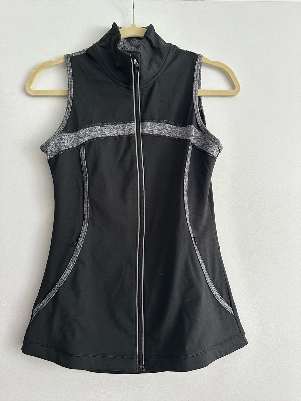 Sleeveless Black Zip Front Active Tunic with Heather Gray Trim